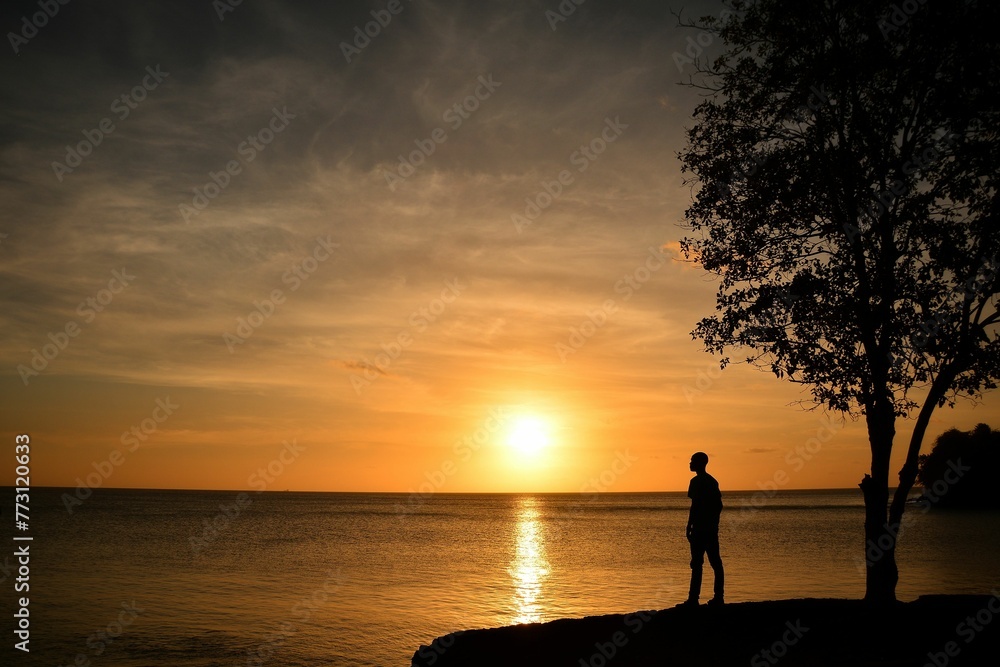Silhouetted man stands on a beach at sunset, looking out over the horizon with a peaceful expression