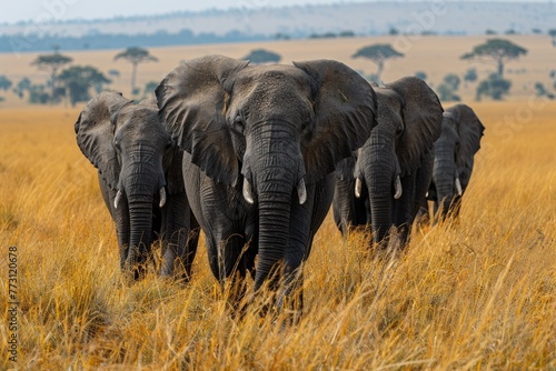 In the national parks of Africa, a family of elephants roams the savannah, representing the wild landscape.