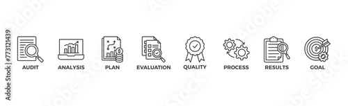 Assessment banner web icon vector illustration for accreditation and evaluation method on business and education with audit, analysis, plan, evaluation, quality,process,results and goal icon