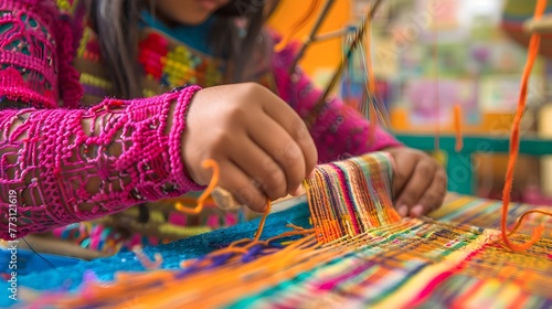 Peruvian Student Weaving Vibrant Intricately Patterned Textile in Colorful Andean Inspired School Art Room