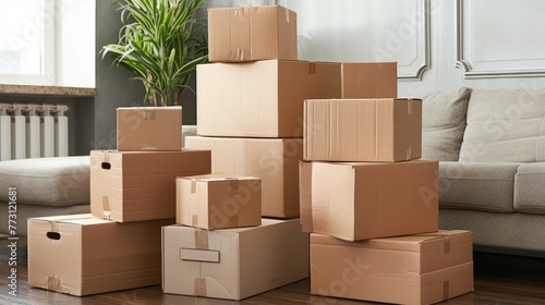 A stack of cardboard boxes are piled on top of each other in a living room. The boxes are of different sizes and are stacked in a way that they are leaning against the wall. The room has a cozy photo