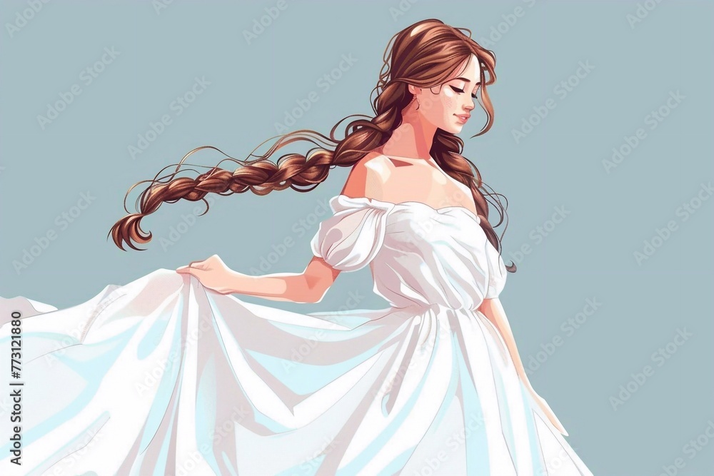 Сute princess with long hair holding her long white dress vector illustration, fairy tale Сute princess with long hair holding her long white dress vector illustration, fairy tale