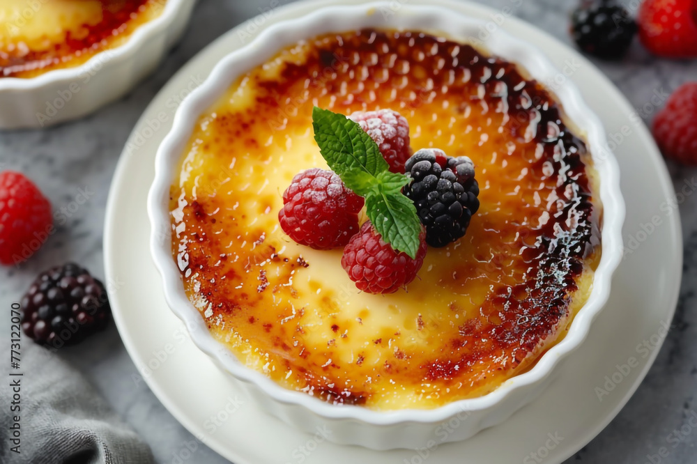 creme brulee with berries. pancake with berries