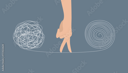 Hand imitating walking with fingers on thread between tangled and untangled balls. Problem solving process. Flat vector illustration