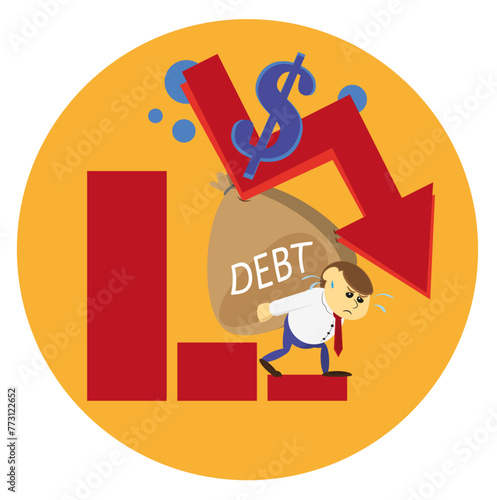 Vector e ilustración de icono de deuda con estilo caricatura. Hombre de negocios con bolsón de deudas  descendiendo en la escala grafica de ganancias.  