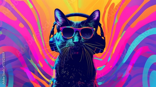 Chic cat in a colorful background, flaunting sunglasses and listening to music, captured in a fantasy illustration