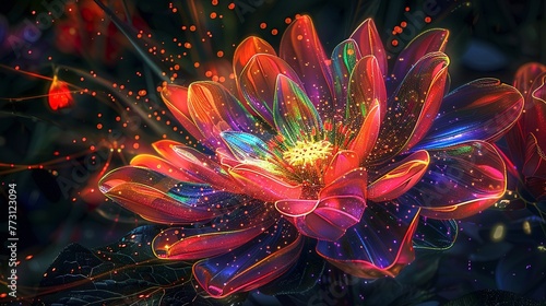 Enchanted flower, multicolor glow, ethereal particles surrounding, vibrant garden, night's allure