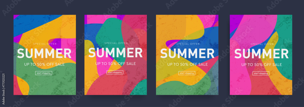 Creative Summer Geometric Set of Yellow, Green, Pink, Purple Colors. Background Abstract Stripe Art for Celebration, Ads, Branding, Banner, Cover, Label, Poster. Sale offer 50% with Gradient Liquid