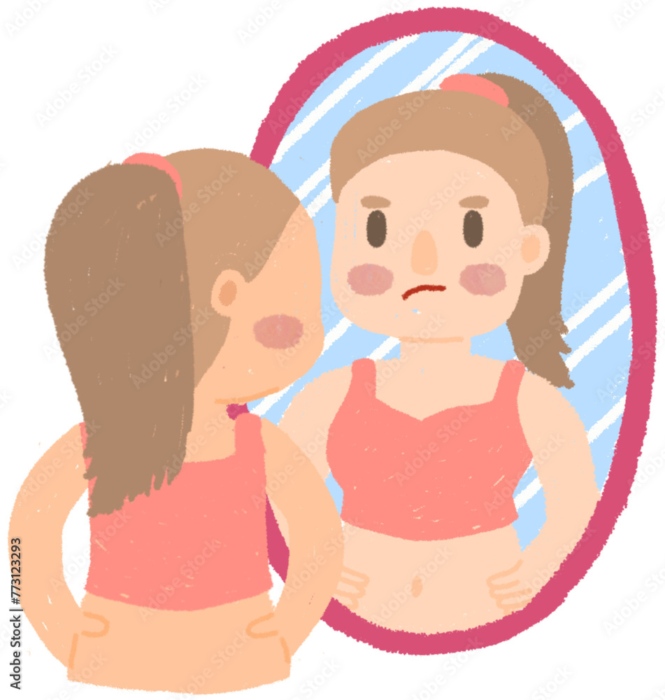 Woman and mirror, thinking she has overweight Woman and mirror, thinking she has overweight