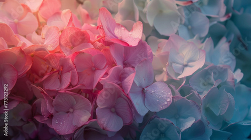 Captured under cinematic lighting, pink and light blue hydrangeas bloom in a mesmerizing floral display. Cinematic, lighting, pink, light, blue. AI generative