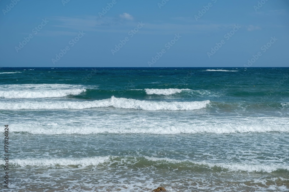 Tranquil tropical beach with crystal-clear waters and rolling waves lapping against the shore Tranquil tropical beach with crystal-clear waters and rolling waves lapping against the shore