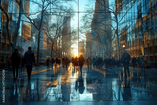 a busy downtown intersection during rush hour, with a stream of office employees crossing the street in a synchronized fashion, all heading towards their respective office buildings