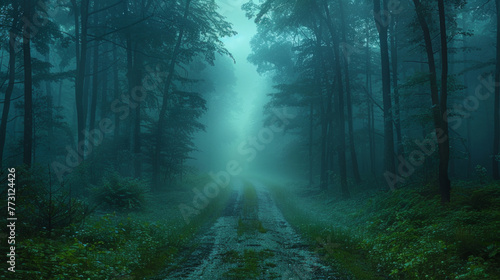 A forest path is shown in the rain with a foggy atmosphere