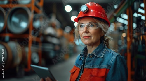 caucasian older female chief engineer in modern industrial factory using tablet and making audit