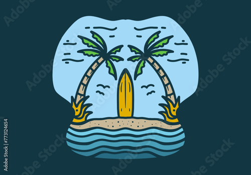 Tropical beach landscape featuring a row of tall palm trees with a crystal clear ocean