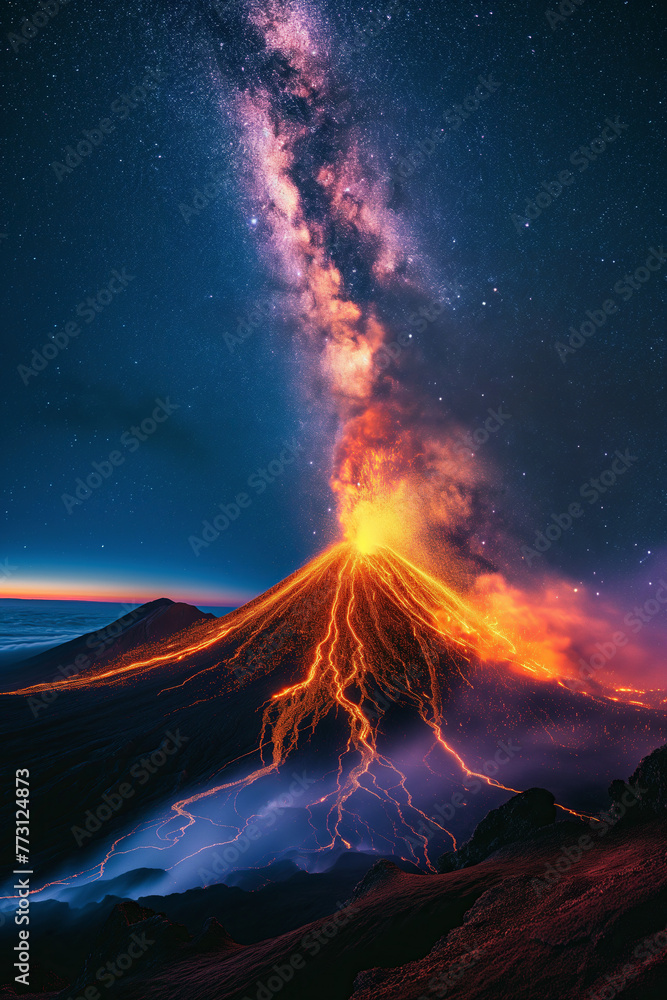 landscape with an active erupting volcano against background of starry night sky with bright Milky way