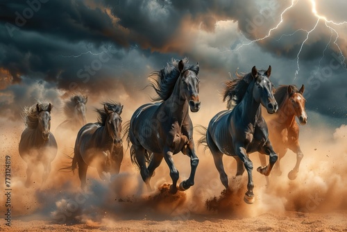 Horses running during a dramatic storm with lightning