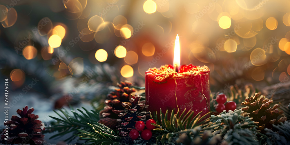 Christmas Card With A Lighted Candle And Cones During Snowfall Background