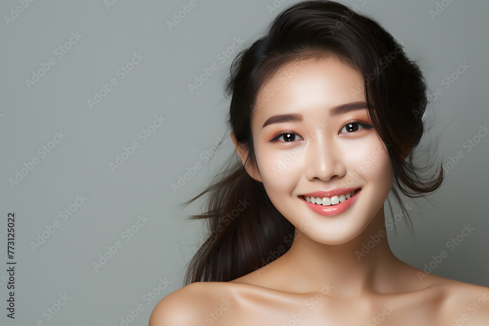 Closeup Beautiful smiling asian young woman with smooth healthy skin isolated on white background Closeup Beautiful smiling asian young woman with smooth healthy skin isolated on white background