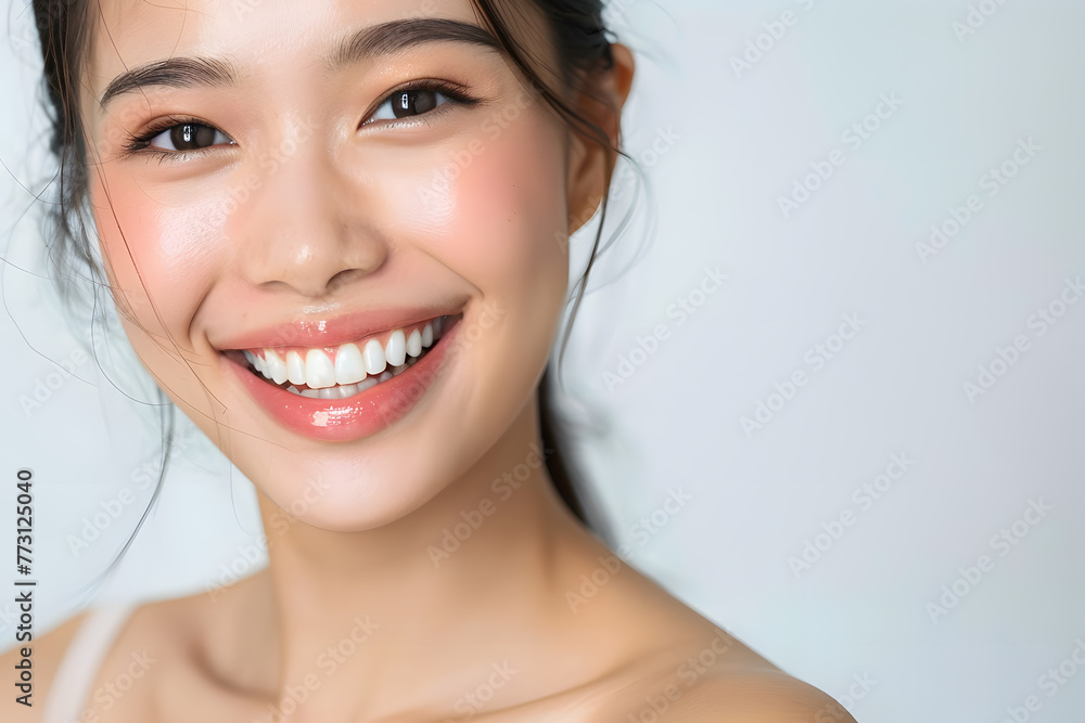 Naklejka premium Closeup Beautiful smiling asian young woman with smooth healthy skin isolated on white background