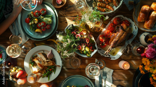 A table full of food with a variety of dishes including a turkey, vegetables
