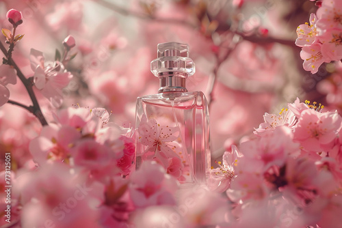 Perfume bottle with background of cherry blossoms generated.AI