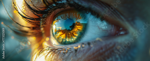Close-up of human eye reflecting vivid sunflower and sky