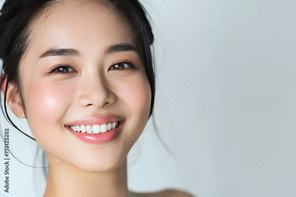 Closeup Beautiful smiling asian young woman with smooth healthy skin isolated on white background Closeup Beautiful smiling asian young woman with smooth healthy skin isolated on white background