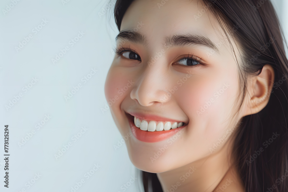 Closeup Beautiful smiling asian young woman with smooth healthy skin isolated on white background