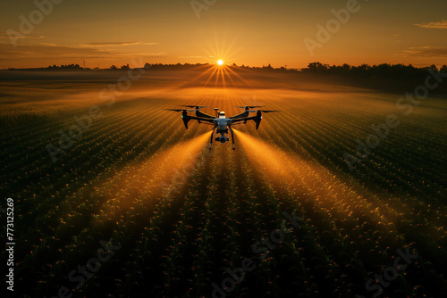 Drone flying over crops, spraying fertilizer during a stunning sunrise
