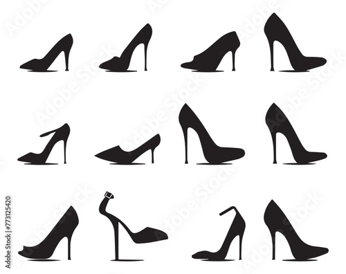 Set of black high heel shoes silhouettes isolated on white background.