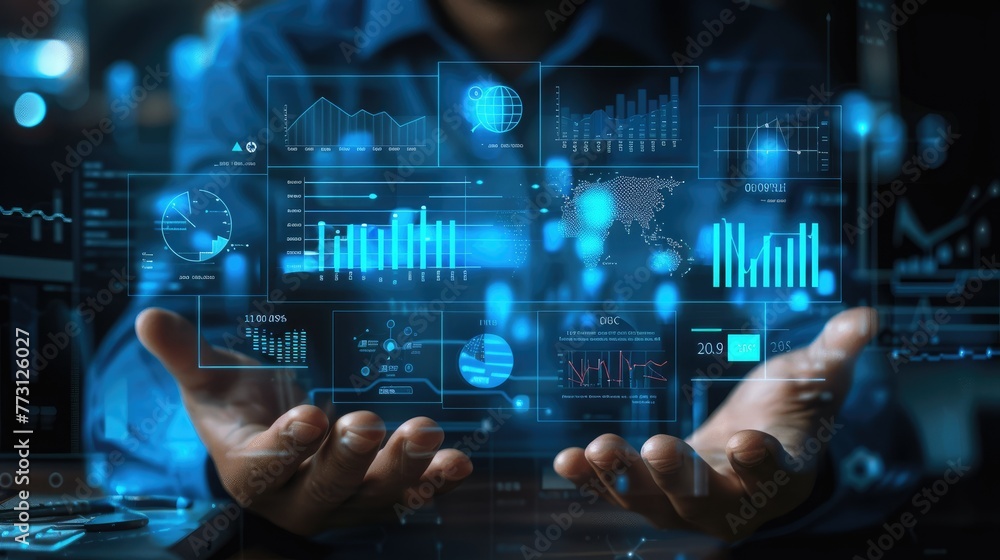 Business man analytics and business intelligence concept with chart and graph icons on a digital screen interface and a businessman hand in background Business man analytics and business intelligence concept with chart and graph icons on a digital screen interface and a businessman hand in background