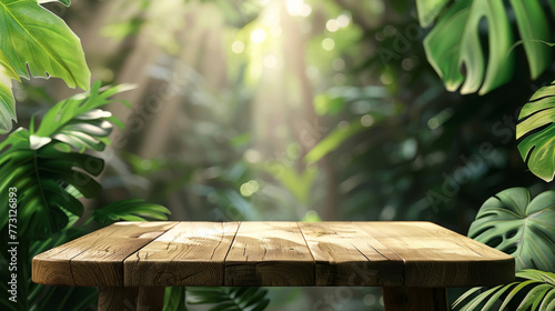 A round wooden podium stands amidst lush tropical greenery with soft lighting.