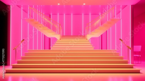 a pink staircase with pink lights