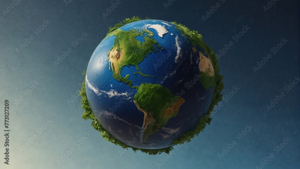Planet Earth with lush greenery against a clear blue sky backdrop Planet Earth with lush greenery against a clear blue sky backdrop