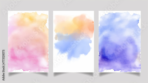Set of cards with watercolor hand drawn blots. Abstract canvas painting templates. Illustration template for design poster, card, invitation, placard, brochure, flyer. Watercolor texture. © Furkan