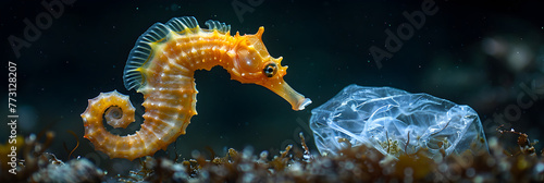 A seahorse, fish, and a plastic bag in the ocean,
Close up of sea horse on blue background photo