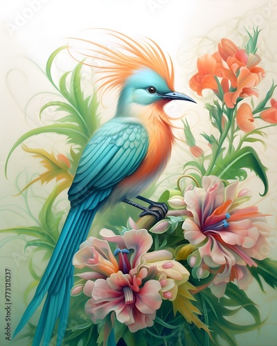 a colorful bird on a branch with flowers
