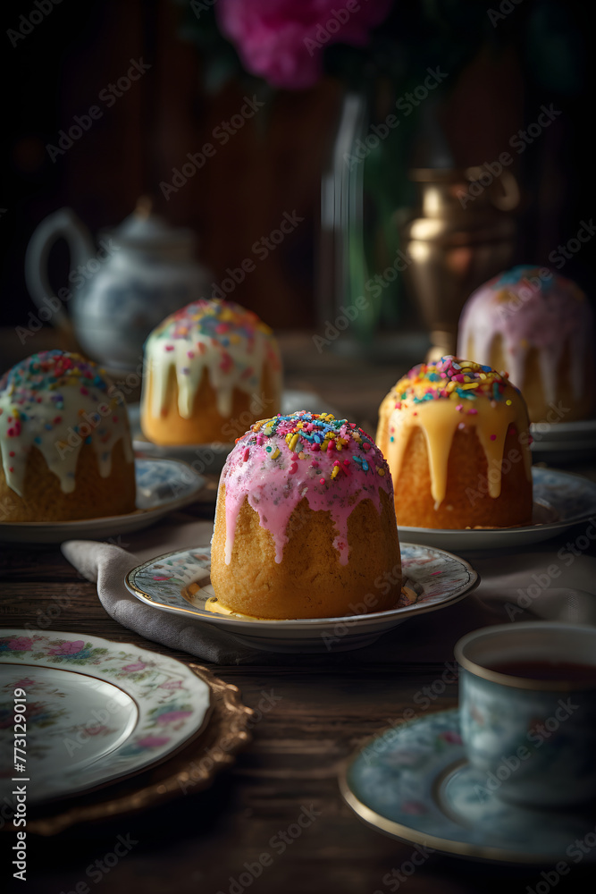 Fototapeta premium Easter cake with icing and pastry sprinkles. Serving festive table for Easter brunch. Russian easter kulich with sugar glaze. Traditional orthodox pastry. Panettone. Easter table setting decor concept