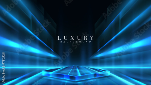 Futuristic Blue Neon Light Platform in a Dark Corridor, A Podium for Promoting IT Products or Computer Equipment. Technology Background.
