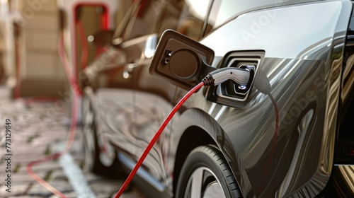 Close up electric car charging at station, electric car parked at charging station with the power cable supply plugged in