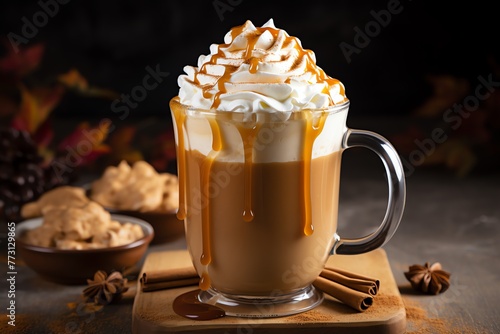 a glass cup of coffee with whipped cream and caramel sauce