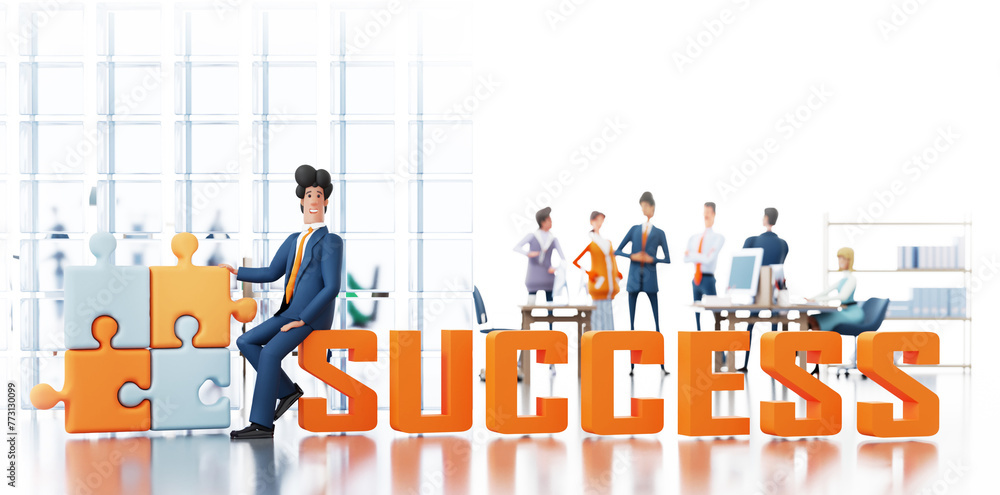 Businessman sits on SUCCESS word, blur of working businesspeople at the ...