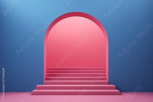 a pink staircase leading to a blue wall