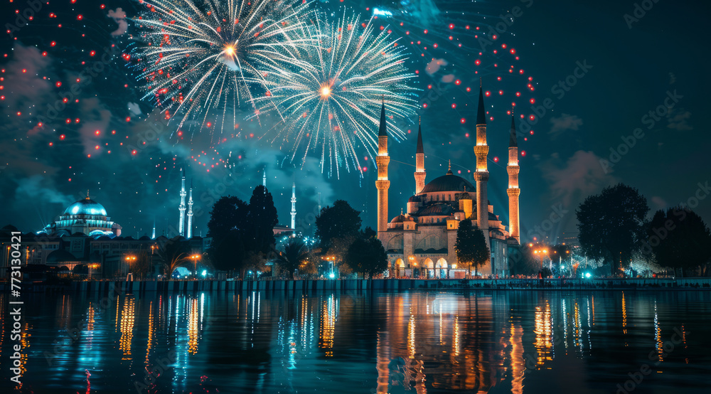 Fireworks above the mosque in In City, lucid reflections