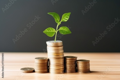 Young plant growing on top of stacked coins, representing the concept of eco-investment, financial stability, and growth with an environmentally friendly approach.