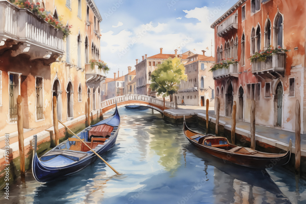 Fototapeta premium Venice watercolor impression: tranquil canal scene