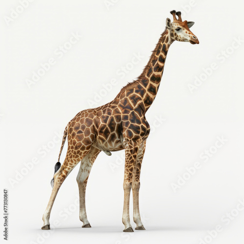 Giraffe standing, its full body isolated on a white background