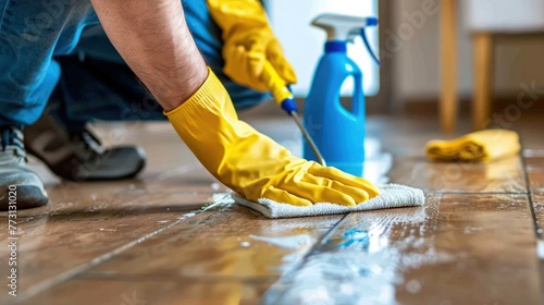 Cleaning concept. A man in yellow gloves with detergents is cleaning the house. Background for advertising Cleaning products, cleaning services, home care.