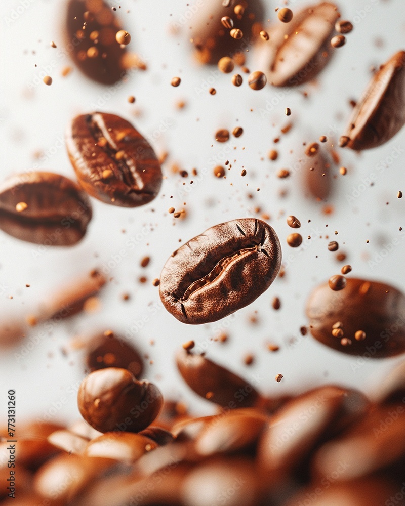 Closeup of a Flying whirl roasted coffee beans in the air, photorealistic texture, natural daylight, white background ,super realistic,clean sharp focus Closeup of a Flying whirl roasted coffee beans in the air, photorealistic texture, natural daylight, white background ,super realistic,clean sharp focus